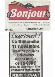 ART 2001.11.06 BONJOUR Vente poulains education ethologique a Perigneux